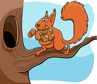 有趣的松鼠动物角色将橡子带到树洞的卡通插图