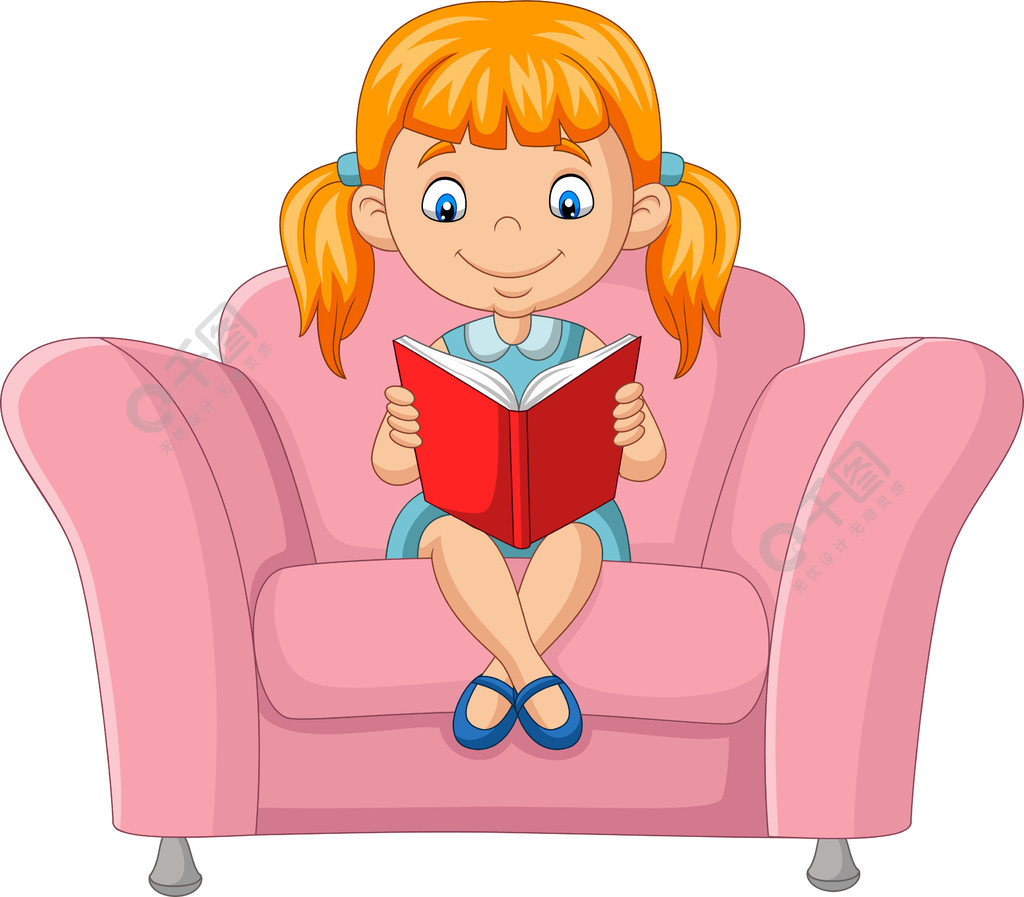 卡通小女孩坐在沙发上看书