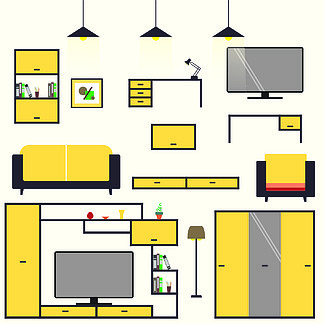 平面样式矢量图.卡通套装家具客厅室内设计