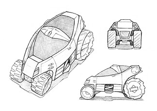 小型未来派或科幻汽车越野车设计的黑白铅笔概念艺术图.