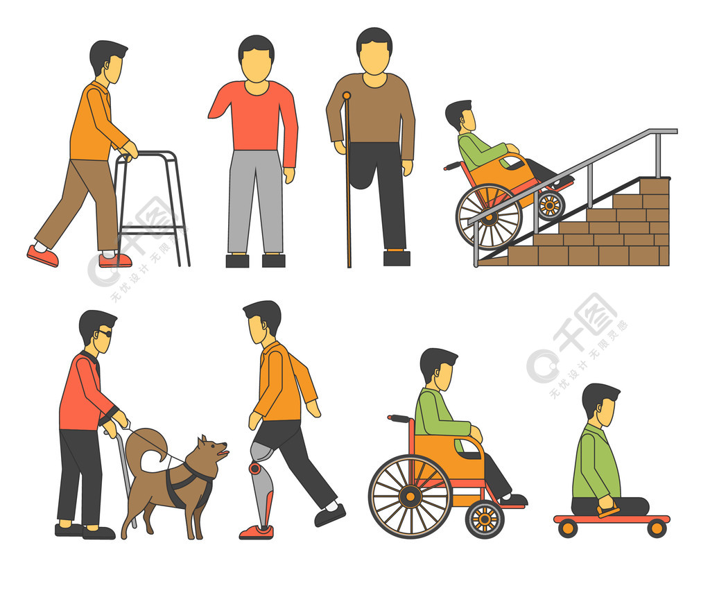 轮椅或假肢残疾人受伤孤立的男性特征向量手杖和轮板