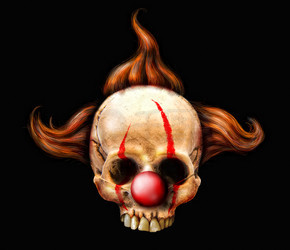 黑色背景中孤立的紅色小丑頭發和鼻子的人類頭骨