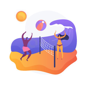 夏季活動。暑假，海邊放松，戶外球類運動。曬黑的游客打沙灘排球。積極休息的想法。矢量孤立概念隱喻圖解。夏季海灘活動矢量概念隱喻