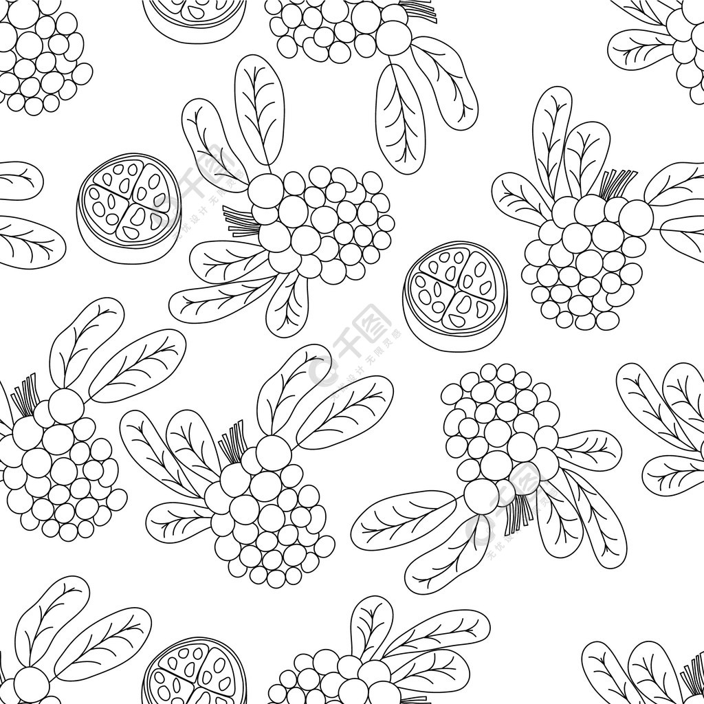 热带水果线无缝图案黑白植物背景矢量图夏季单线热带水果线无缝模式