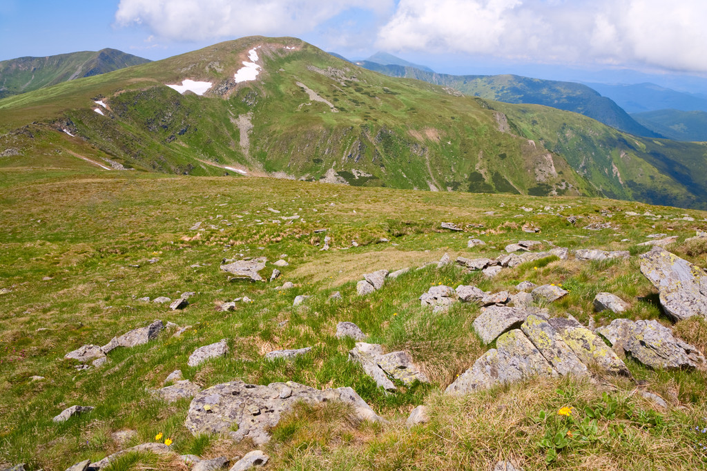 夏季山坡和山腰雪乌克兰乔诺戈拉山脊喀尔巴阡山脉