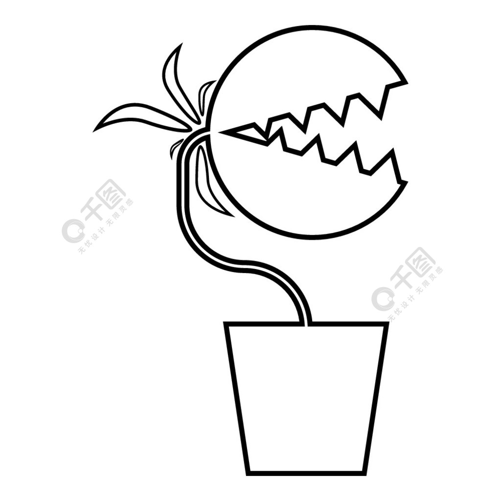 食虫植物捕蝇草怪物带牙在锅图标轮廓黑色矢量插图平面样式简单图像