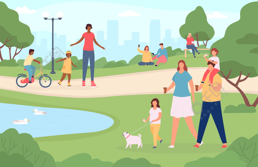 人们在城市公园快乐的家庭遛狗在自然景观中玩耍和骑自行车卡通户外