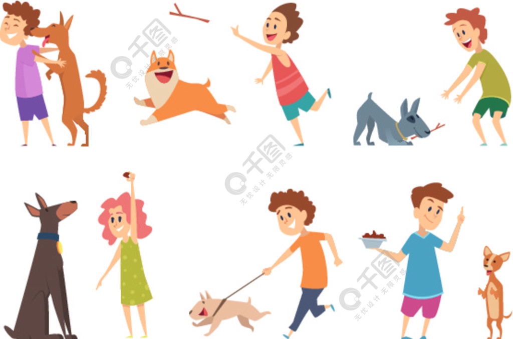 带狗的孩子快乐的孩子们玩拥抱他们有趣的宠物矢量卡通小狗家养动物