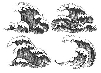 海浪素描.海浪设置手绘涂鸦插图,矢量黑白图标