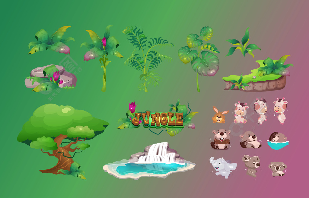 和海狸可爱的动物包装在绿色和紫色背景上丛林动植物卡通矢量对象集