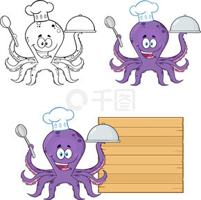 章魚廚師卡通人物提供食物。設置在白色背景上隔離的向量集合