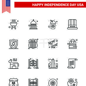 美國獨立日盾牌上的 16 套現代線條包；美國人;可樂;美國;帽可編輯美國日矢量設計元素