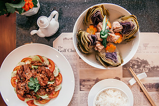 越南美食 luch 设置在好餐厅.顶视图