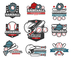 運動項目、棒球孤立圖標、球棒和球類運動器材矢量。比賽或比賽、手套和帽子、頭盔、錦標賽標志或標志。團隊冠軍、頭飾和比賽設備。棒球錦標賽孤立的圖標、體育用品、球棒和球