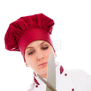 白色背景的成功女餐廳廚師的照片
