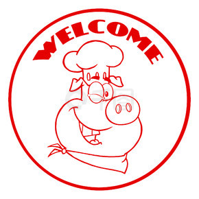 眨眼廚師豬卡通吉祥物字符紅色圓圈橫幅與文本歡迎。在白色背景上隔離的插圖