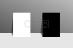 紙張樣機模板。現實的紙 a4 白色和黑色，背景墻上有陰影。現實設計中的紙樣機。矢量圖