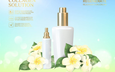 Bottle for cosmetic lotion and jar of cream. Regenerate cream for hands, white bottle over blue back