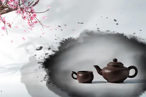 桃花背景下的茶壶