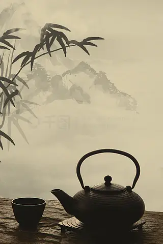 竹子背景下的茶壶