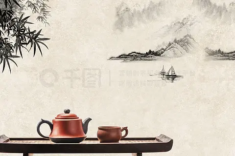 水墨画背景下的茶具