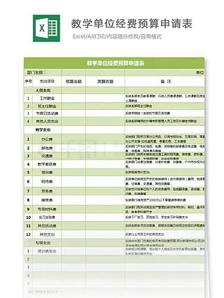 教学单位经费预算申请表excel模板