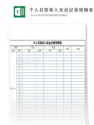 个人日常收入支出记录明细表Excel模板