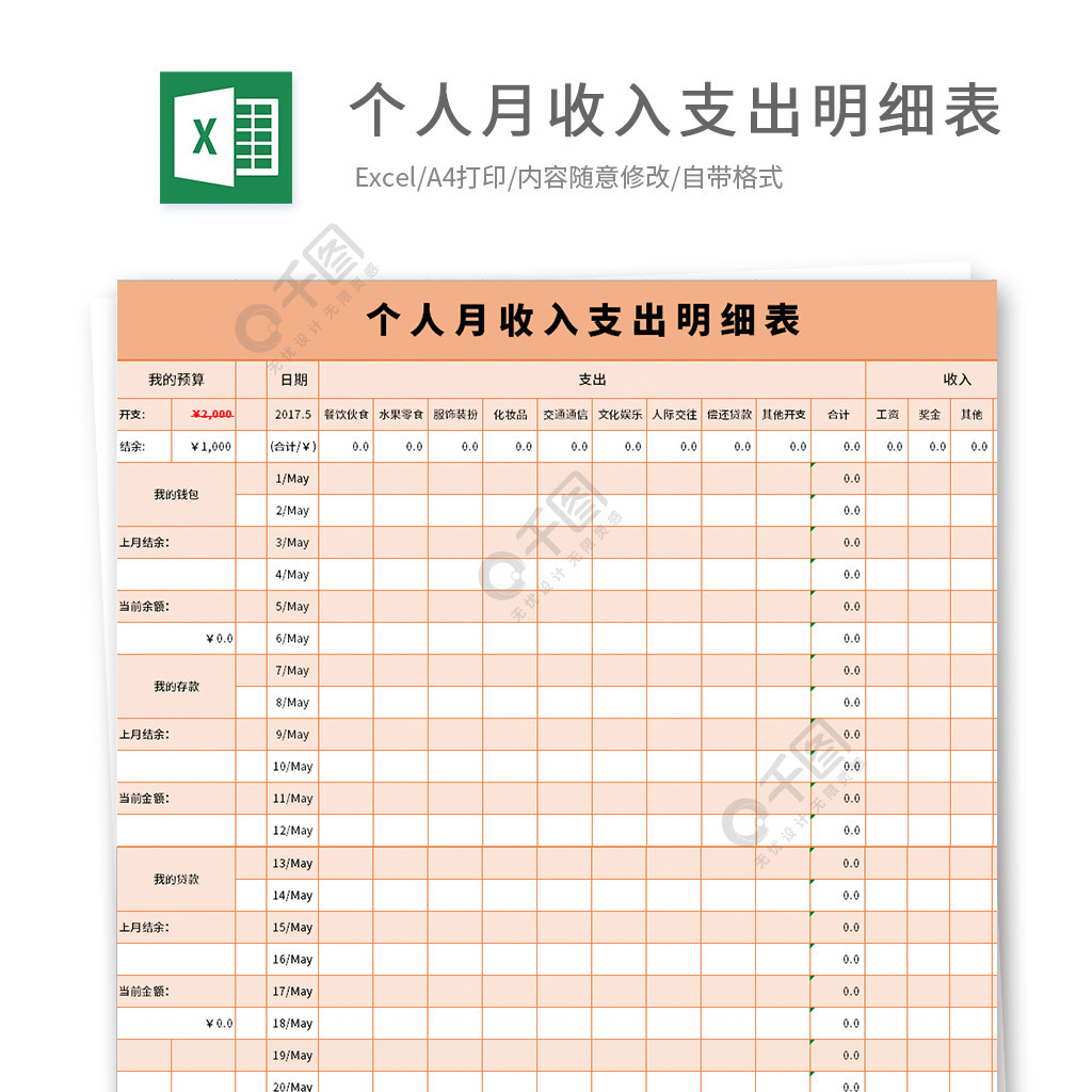 个人月收入支出明细表