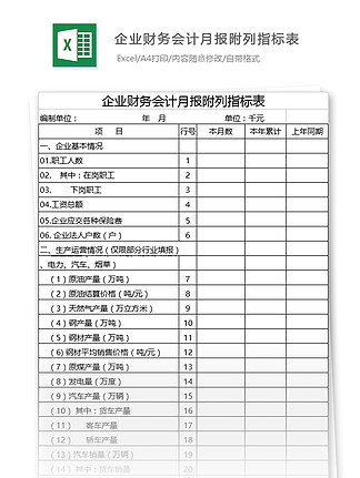 会计月报附列指标表