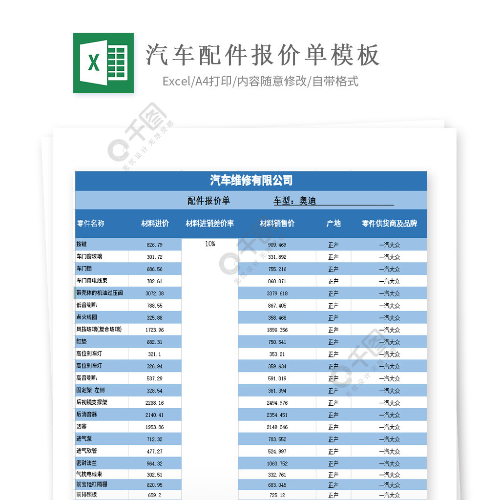 汽车配件报价单模板3年前发布