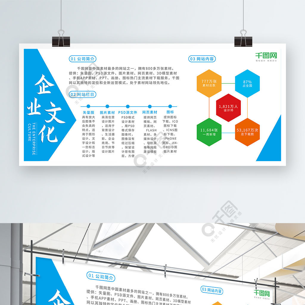 蓝色简约公司企业文化公司介绍内容展板矢量图免费下载_psd格式_9449像素_编号28894570