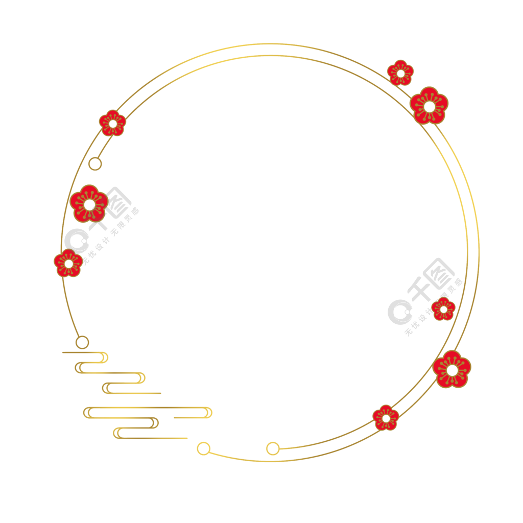新春暗金色烫金红梅祥云圆框矢量免抠素材