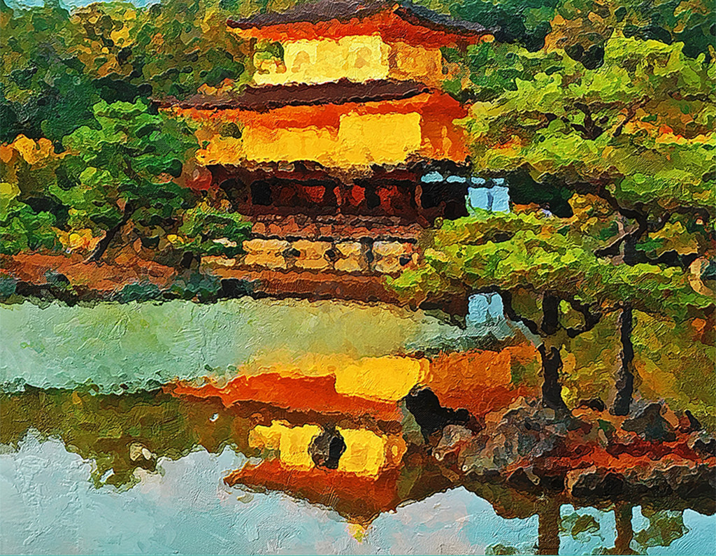 日本建筑阁楼富士山风景油画