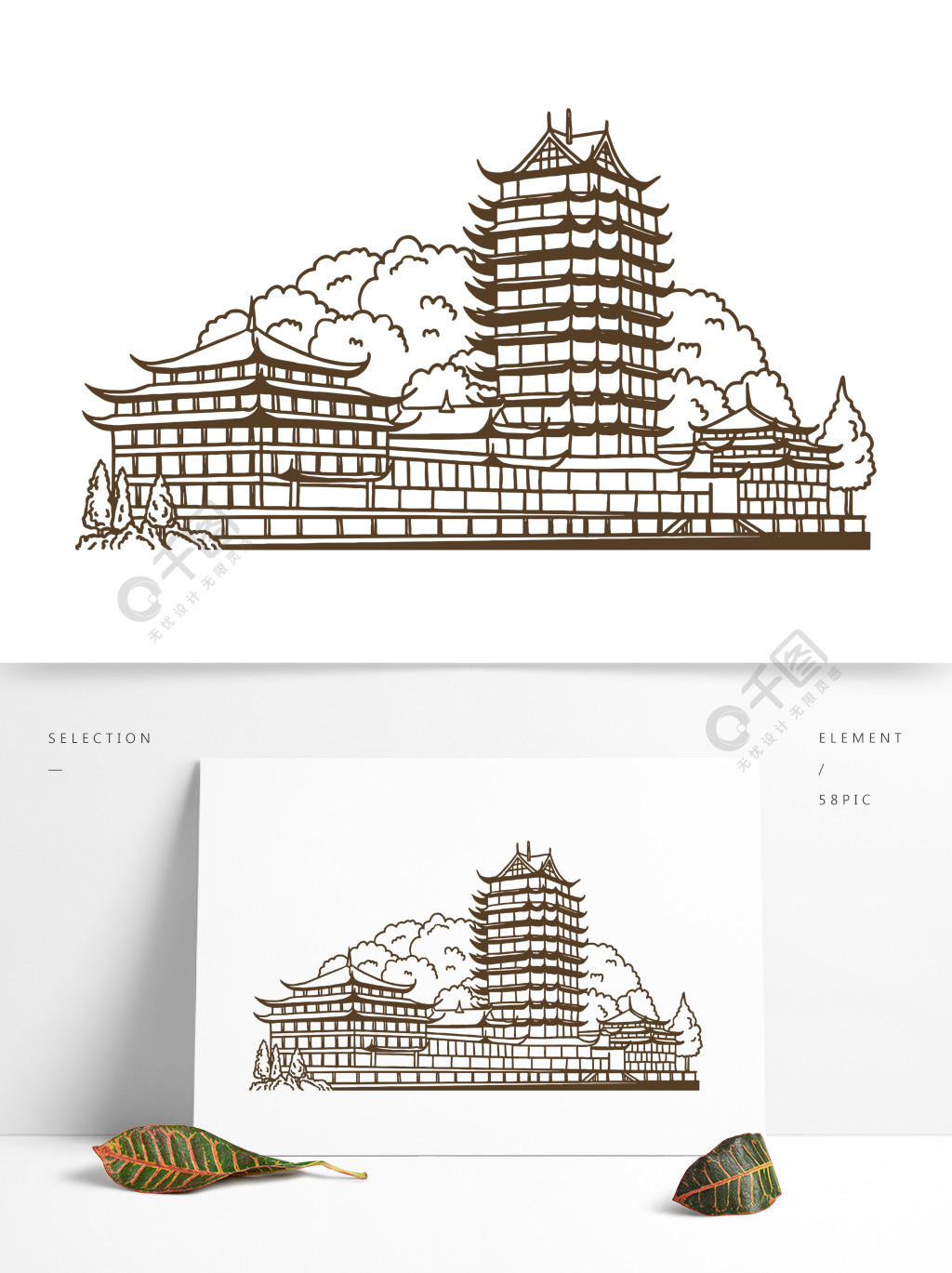 古建筑矢量古楼线描稿