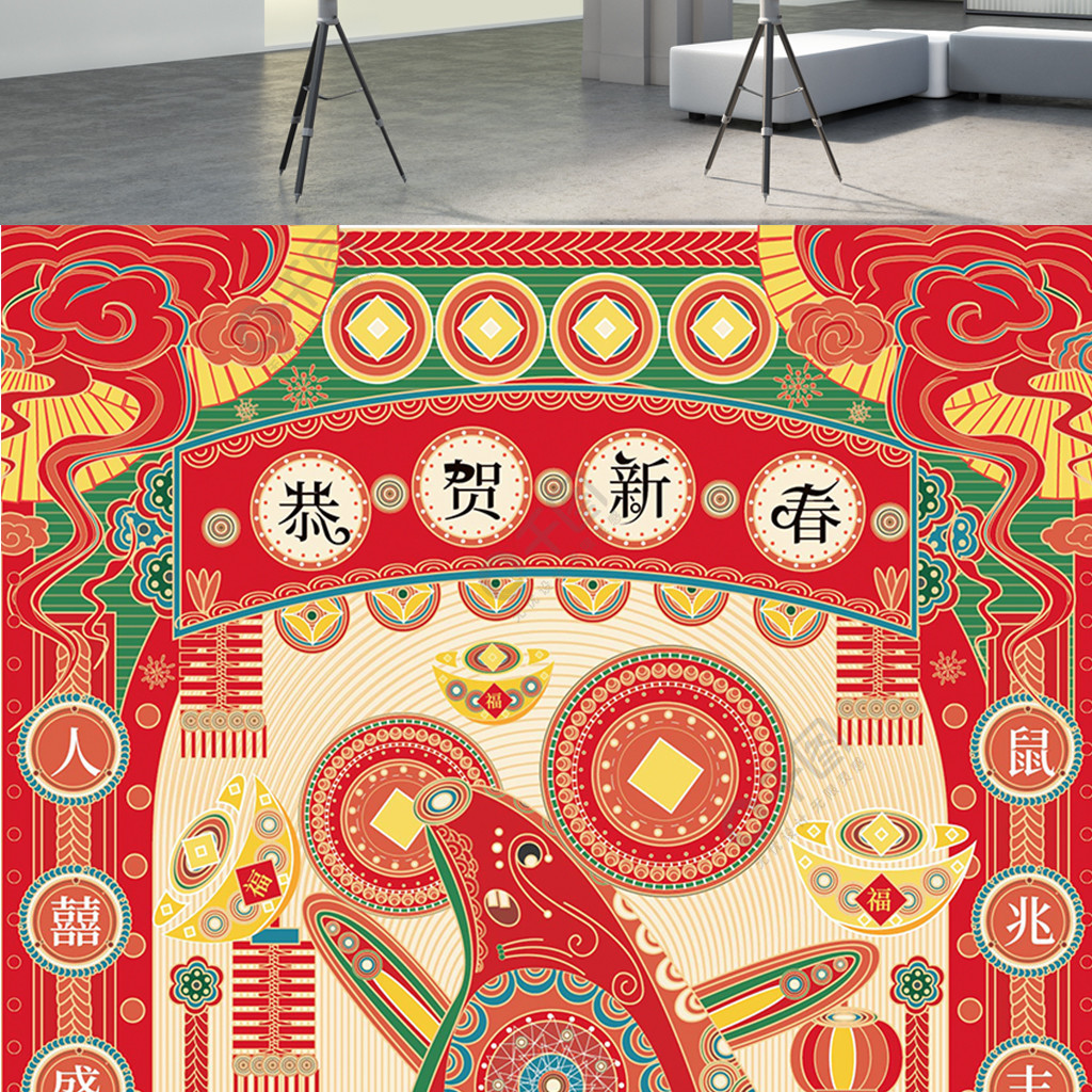 原创线性插画红色喜庆鼠年新春新年节日海报2年前发布