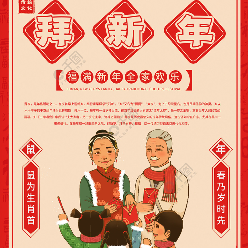 春节新年鼠年传统文化节日习俗拜年系列海报