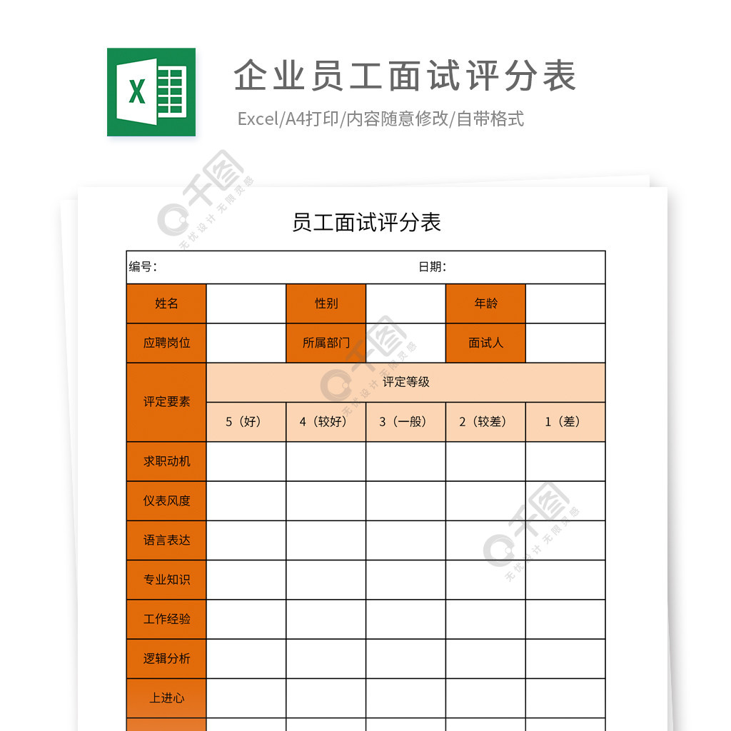 公司员工面试评分表模板免费下载_xlsx格式_编号-千