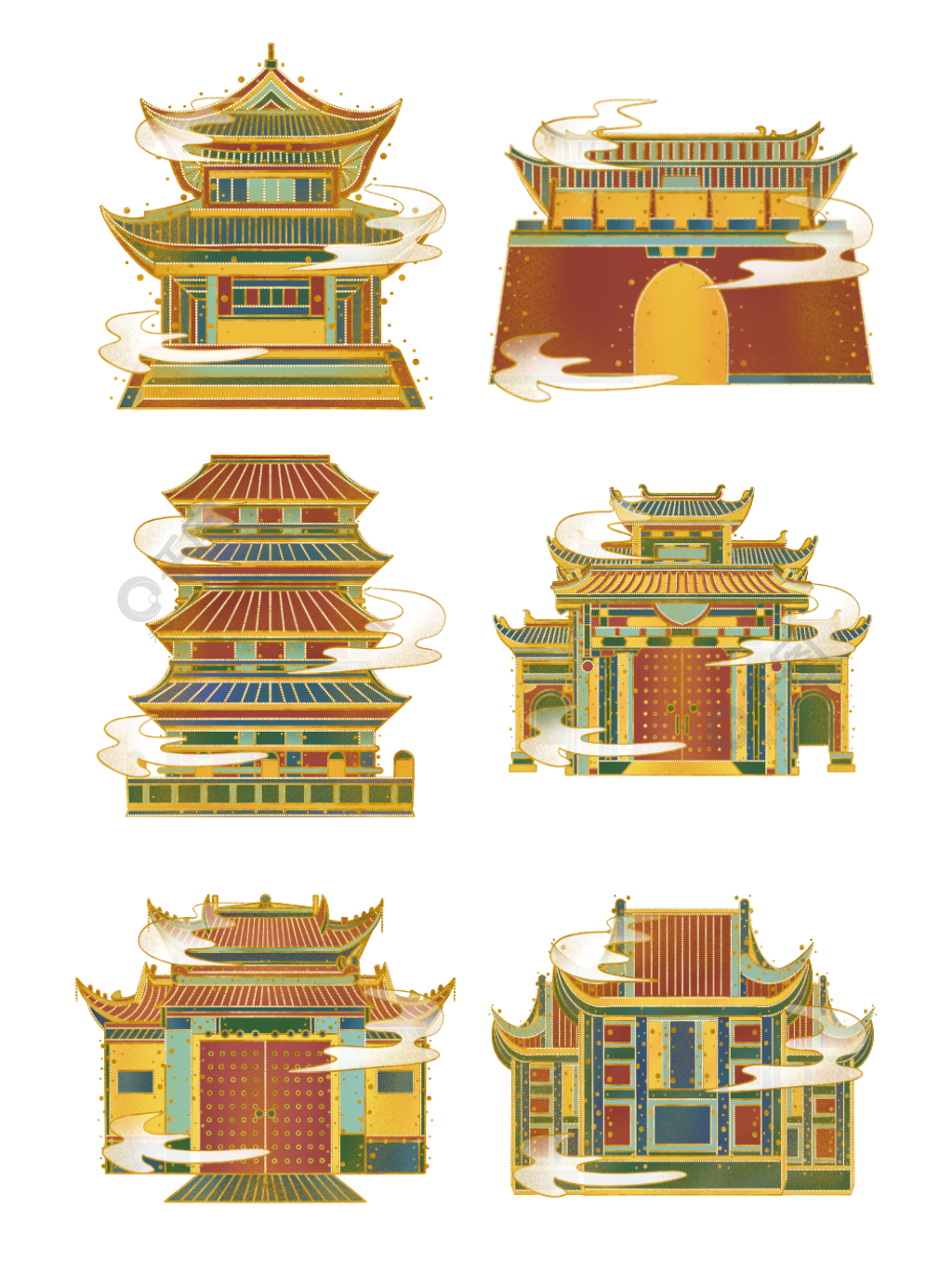 手绘小清新中国风传统建筑城门