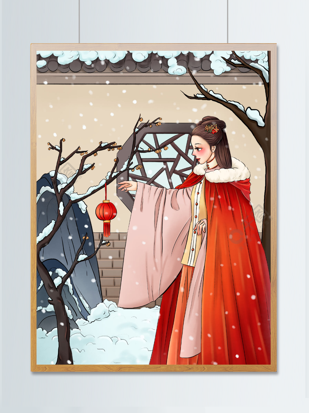 手绘大雪里的汉服美女冬季节气小清新插画半年前发布