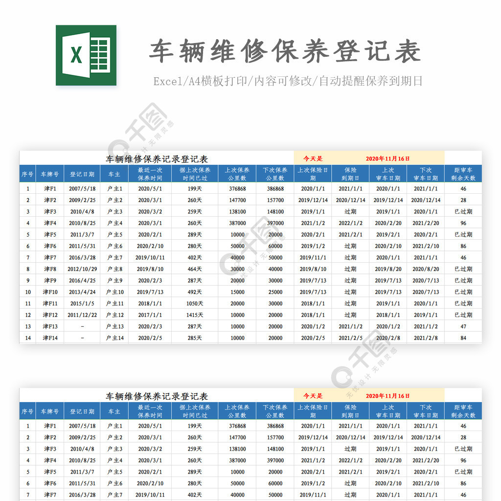 车辆保养维修记录表自动提醒