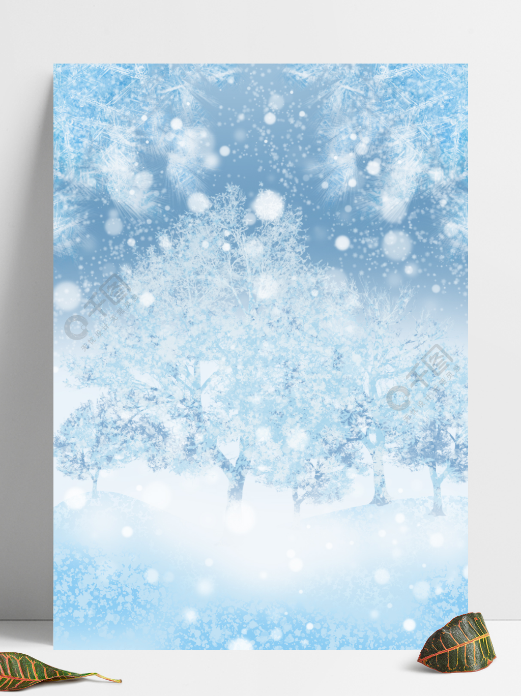 圣诞节冰雪树枝冬季雪花浪漫唯美背景