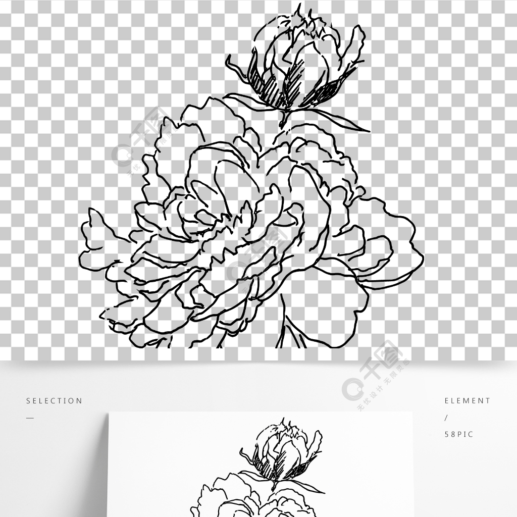 手绘矢量花卉素材牡丹花黑白线描素材模板免费下载_ai格式_2000像素