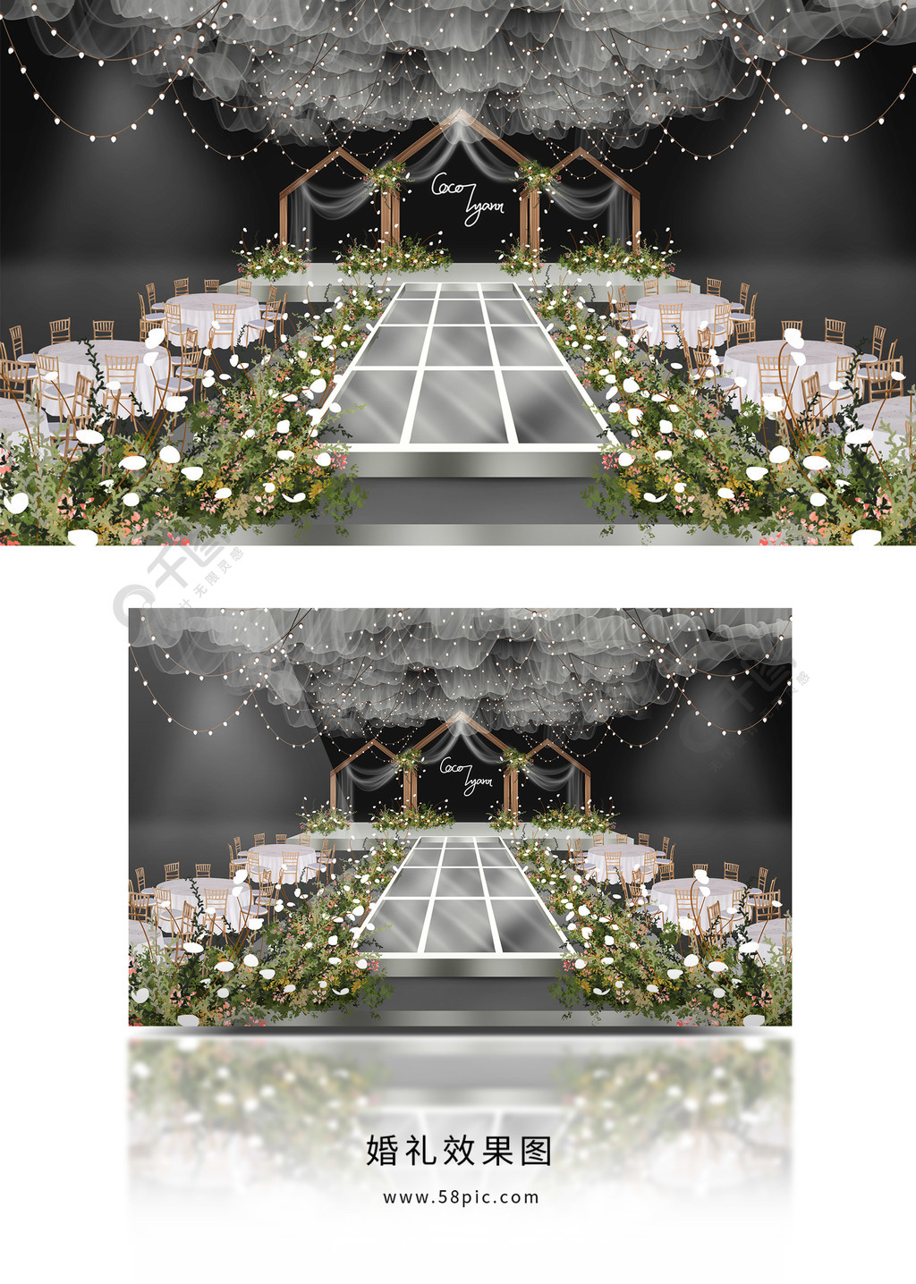 白绿色森系韩式纱幔吊顶透明t台婚礼效果图