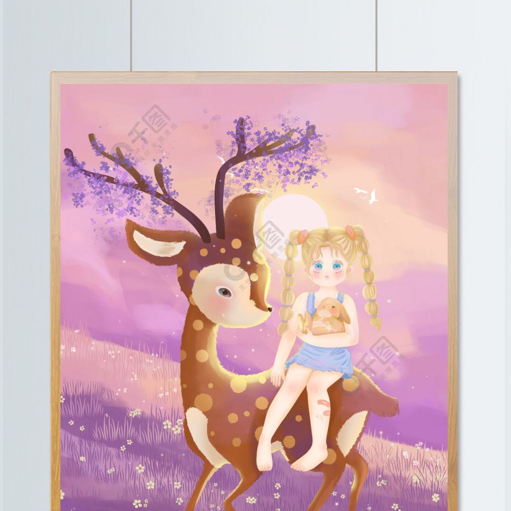 紫色系唯美场景女孩与小鹿治愈系动物插画