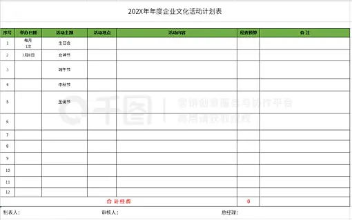 公司企业文化活动计划表格 预算表模板