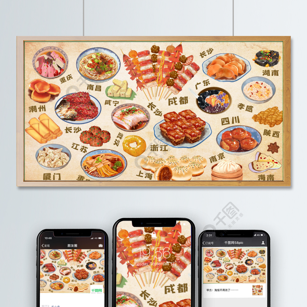中国各地方特色美食小吃地图图谱水彩插画