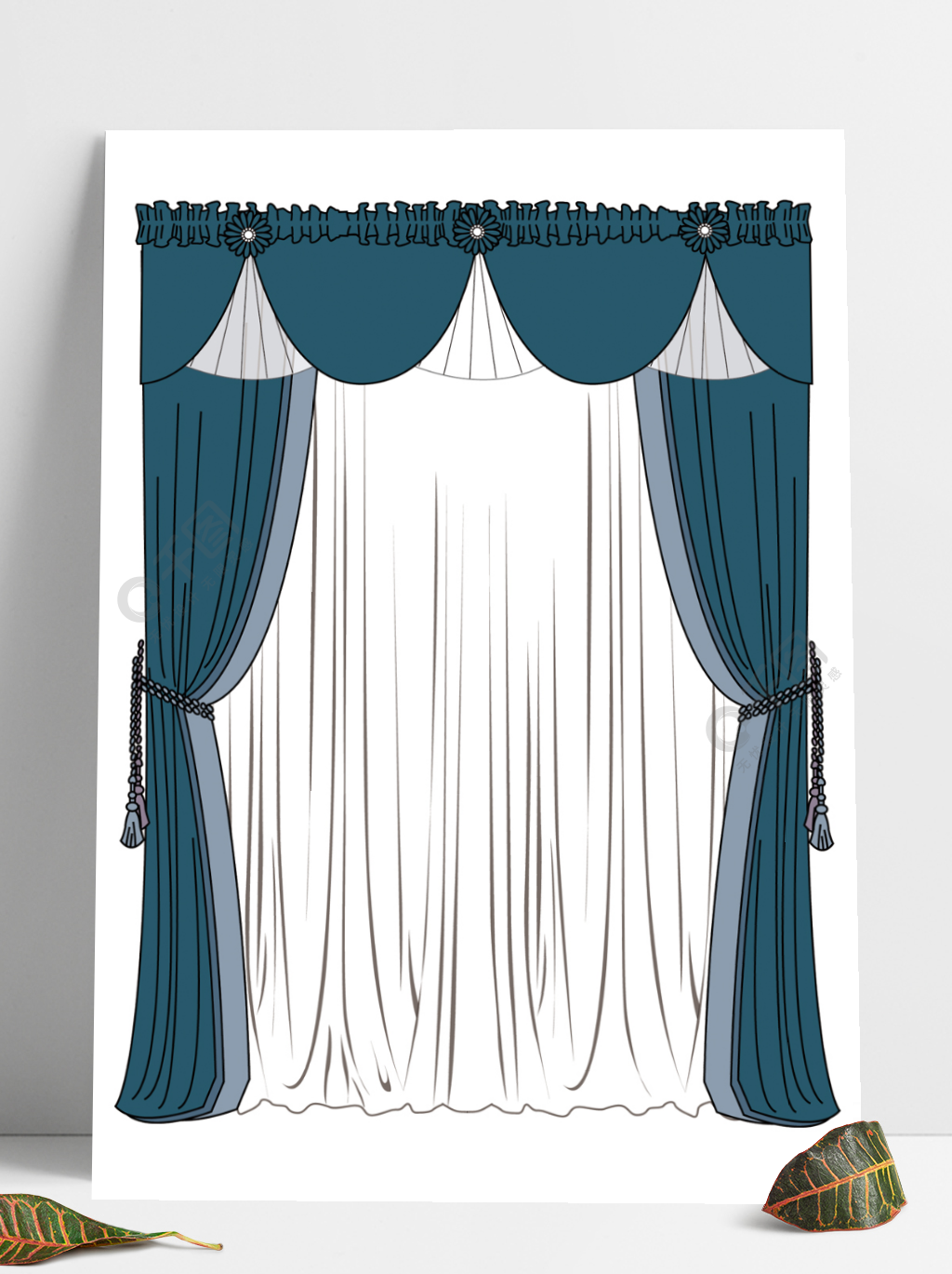 窗帘手绘窗纱蓝色带帘头幔头简约现代可换色