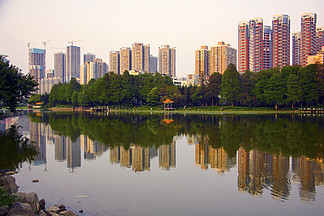 夕阳金色阳光平静的深圳洪湖公园建筑群倒影