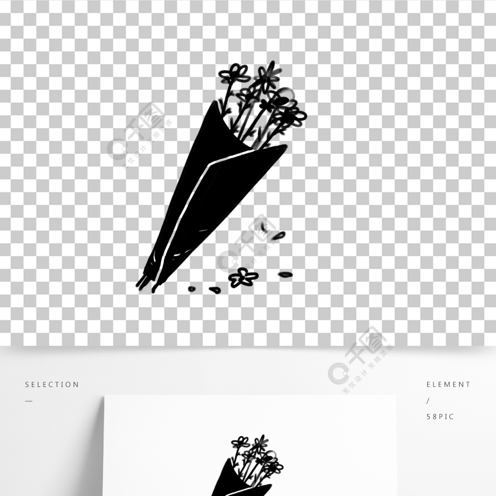 黑白简笔花束矢量免抠手绘素材