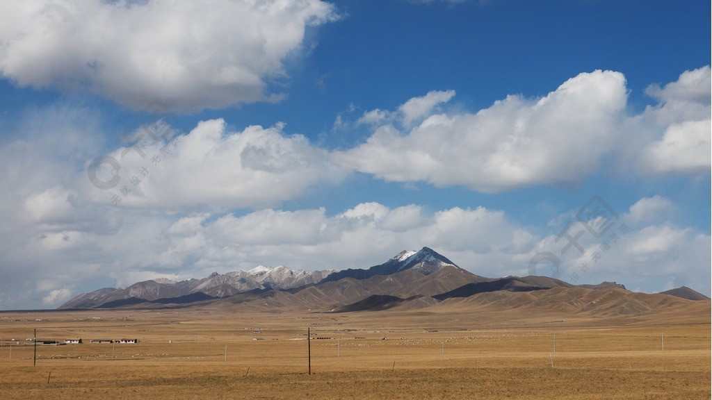 青藏线优美风景蓝天白云下的雪山草地风景图